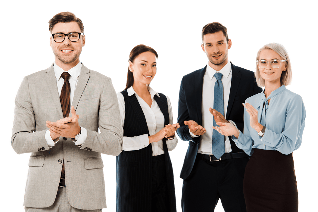 Group of four business people clapping, smiling, dressed in business attire.