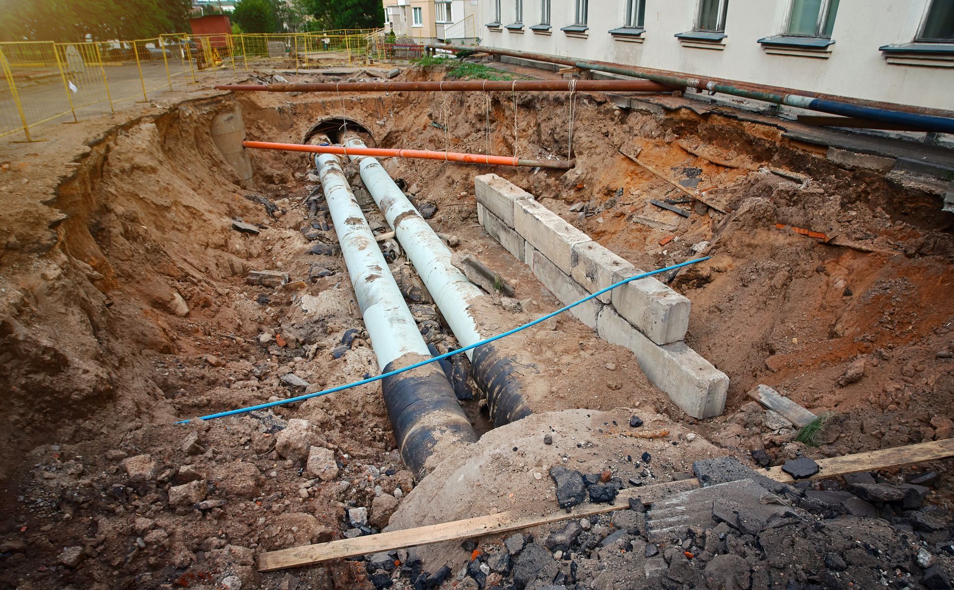 Construction site with exposed pipes in a large trench; building in background.