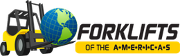 Logo for Forklifts of the Americas featuring a yellow forklift lifting a globe, with the brand name in black and yellow.