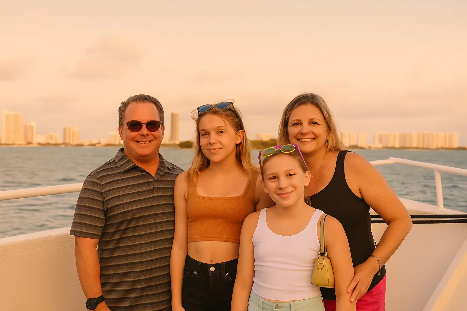 Family enjoying a Miami Sunset Cruise departing from Bayside during golden hour.
