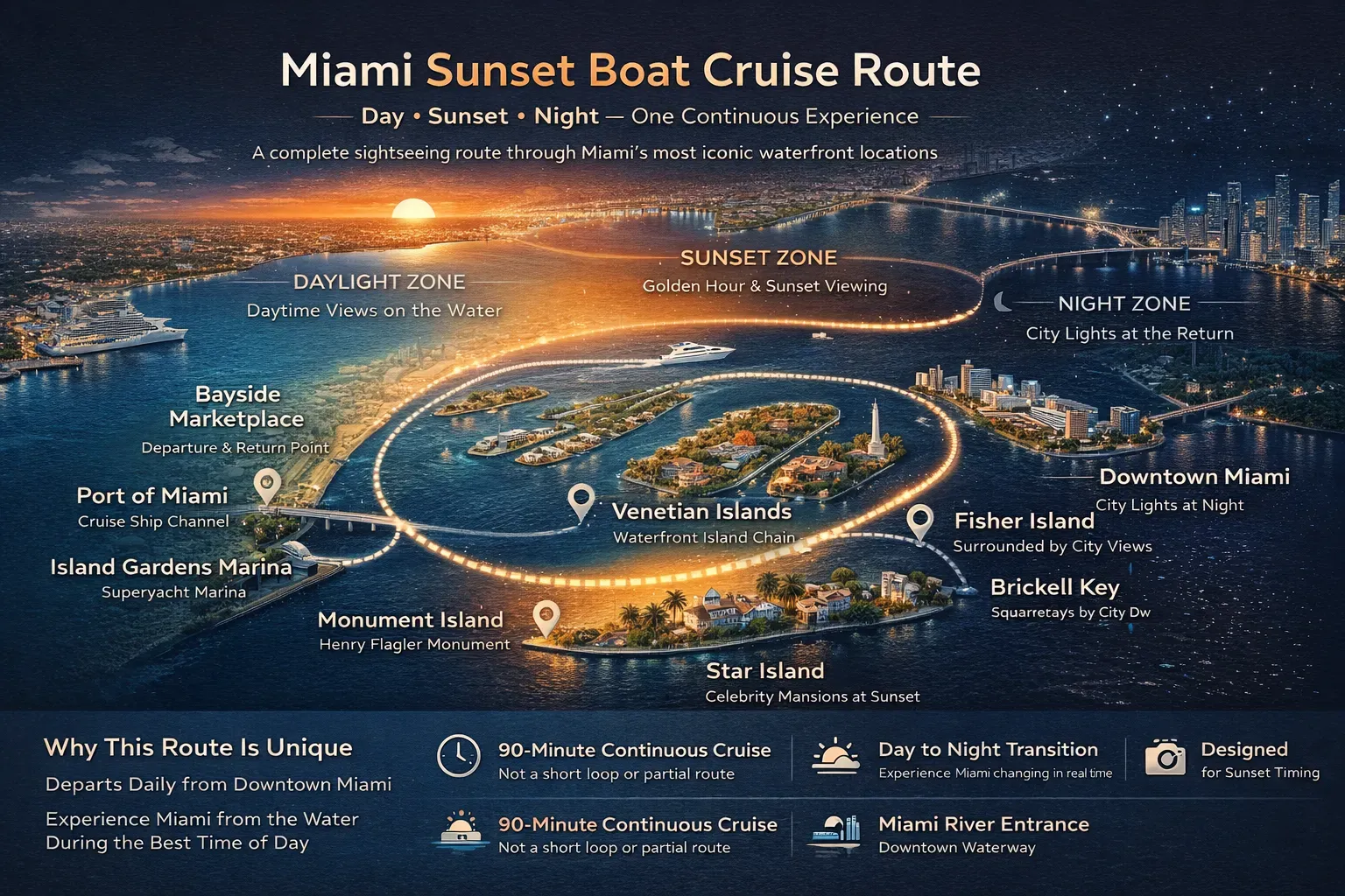 Infographic showing the Miami sunset boat cruise route, highlighting Star Island celebrity mansions, Downtown Miami skyline, South Beach, Fisher Island, Brickell Key, and the full sunset sightseeing cruise path.