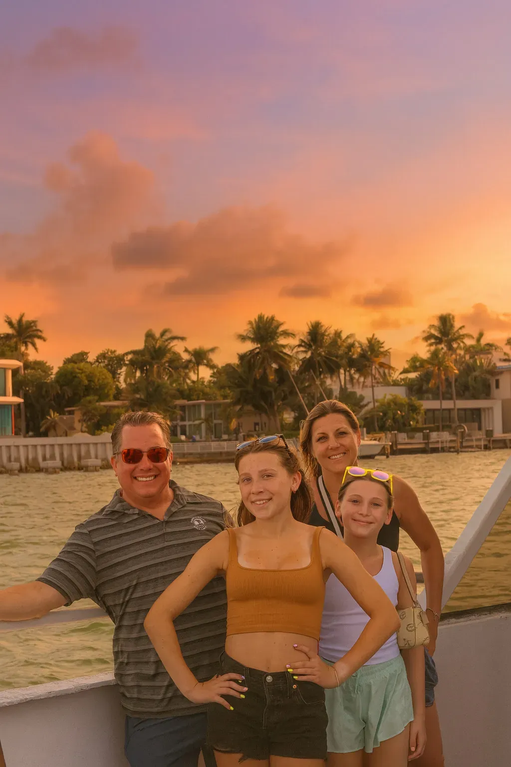 Family enjoying a Miami Sunset Cruise together during a sunset boat ride.
