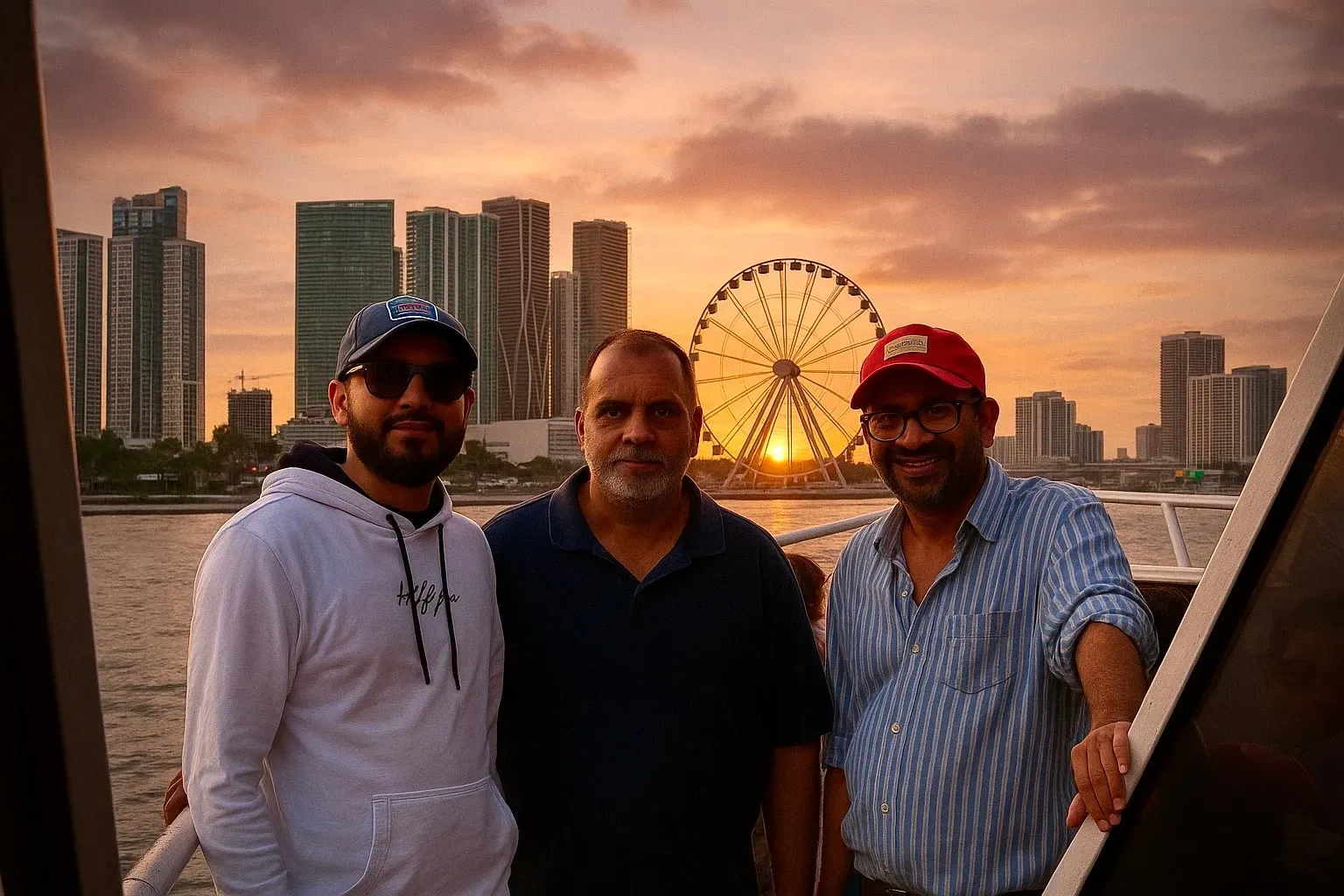 Guests enjoying Miami Sunset Cruises from Bayside Marketplace with the Miami skyline and Ferris wheel during sunset.