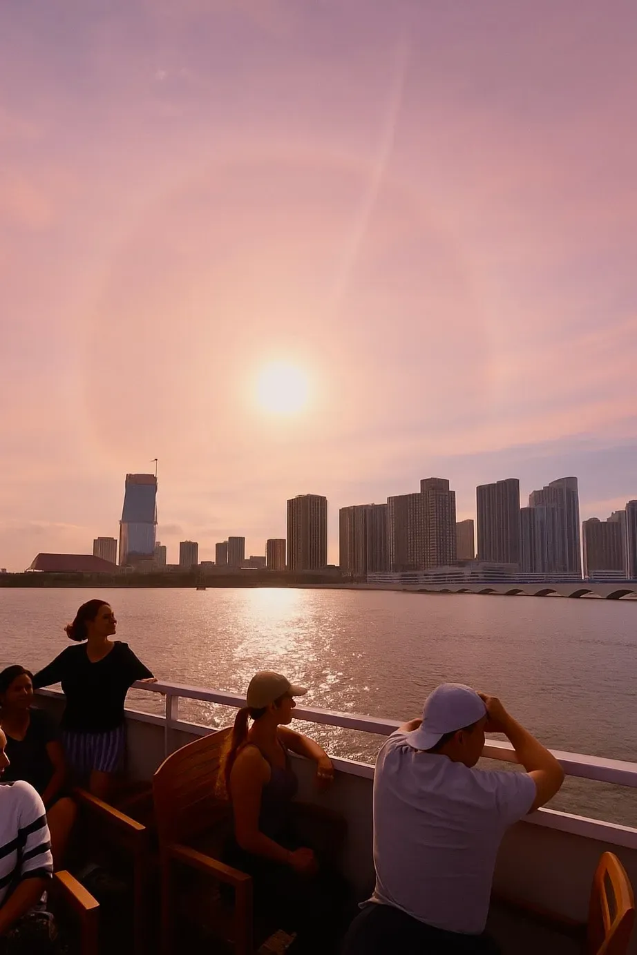 Passengers enjoying a Miami Sunset Cruise while the sun sets over the water.
