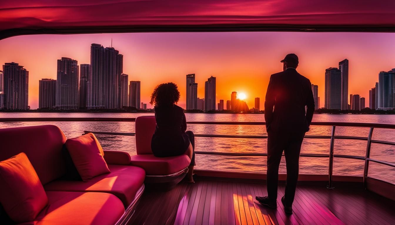 Couples enjoying the Miami Sunset Romantic Cruise. Yes, its a sightseeing tour, but during the Miami Sunset, romance awakes in our tours. Great for weekend dates.