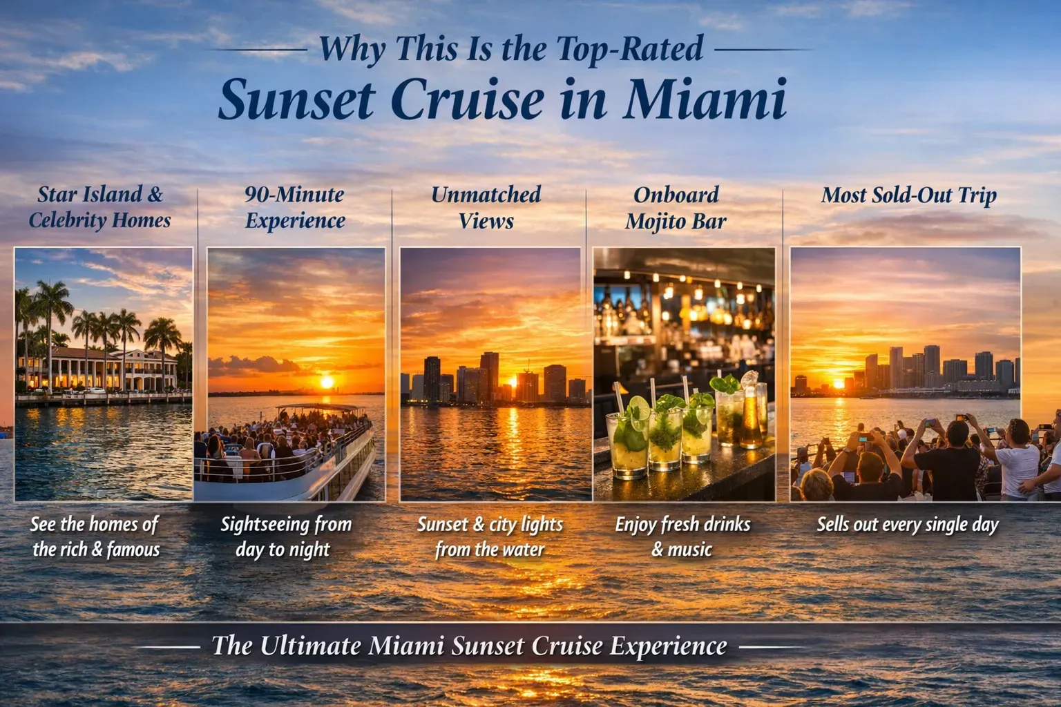 Top-rated sunset boat tour in Miami infographic showing Star Island homes, 90-minute cruise, mojito bar, and skyline sunset views