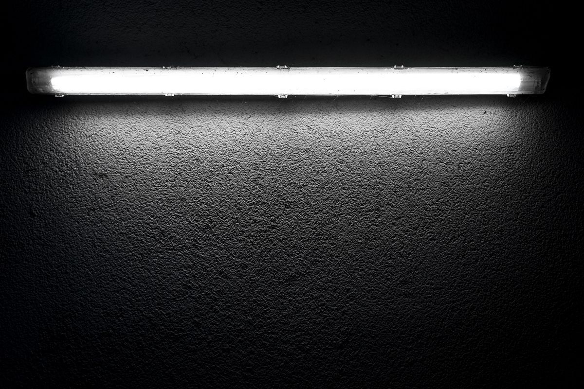 Eine helle, weisse Neonröhre beleuchtet eine strukturierte, dunkelgraue Wand mit einem rechteckigen Lichtstrahl.