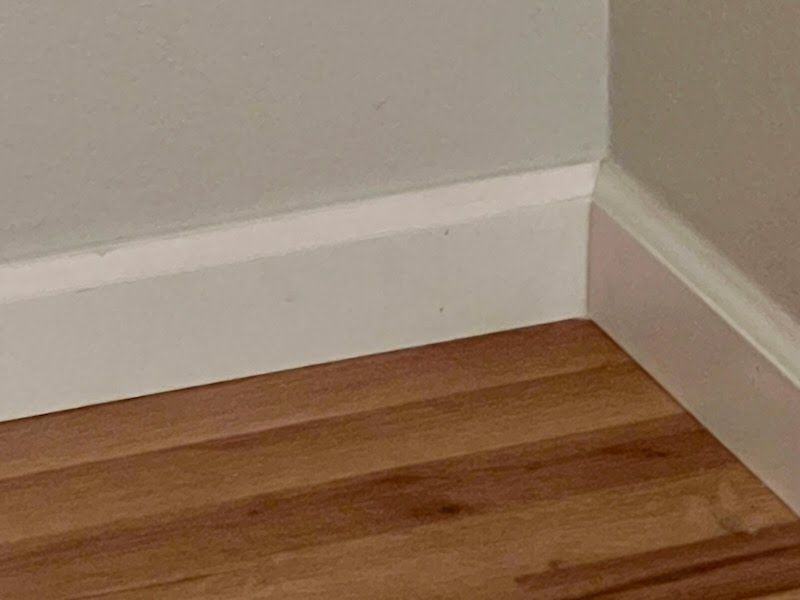 A corner of a room with a wooden floor and white trim