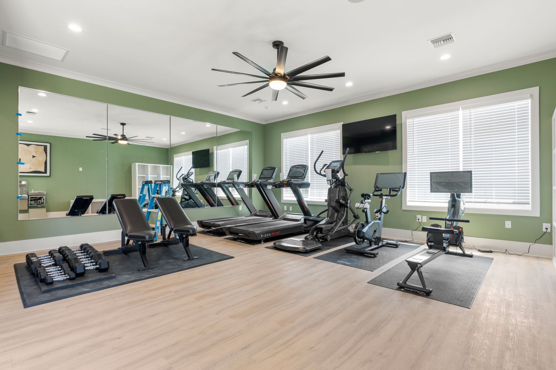 Bright gym with treadmills, rowing machine, weights, mirrors, and a TV under a ceiling fan.