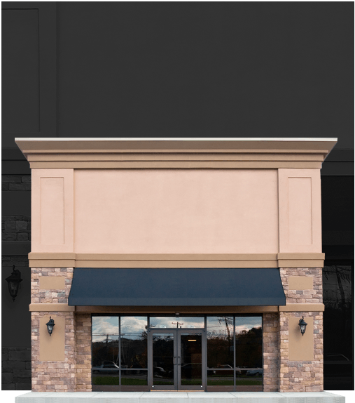 A store front with a blue awning over the door