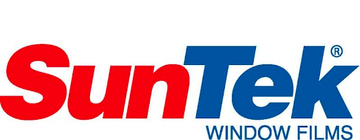 The suntek window films logo is red and blue