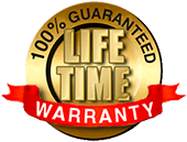 A gold badge that says `` life time warranty '' with a red ribbon around it.