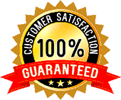 A customer satisfaction guaranteed label with a red ribbon.