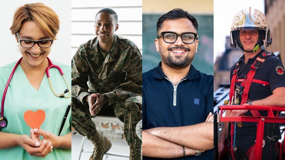 A collage showing a nurse, military member, teacher, and firefighter.