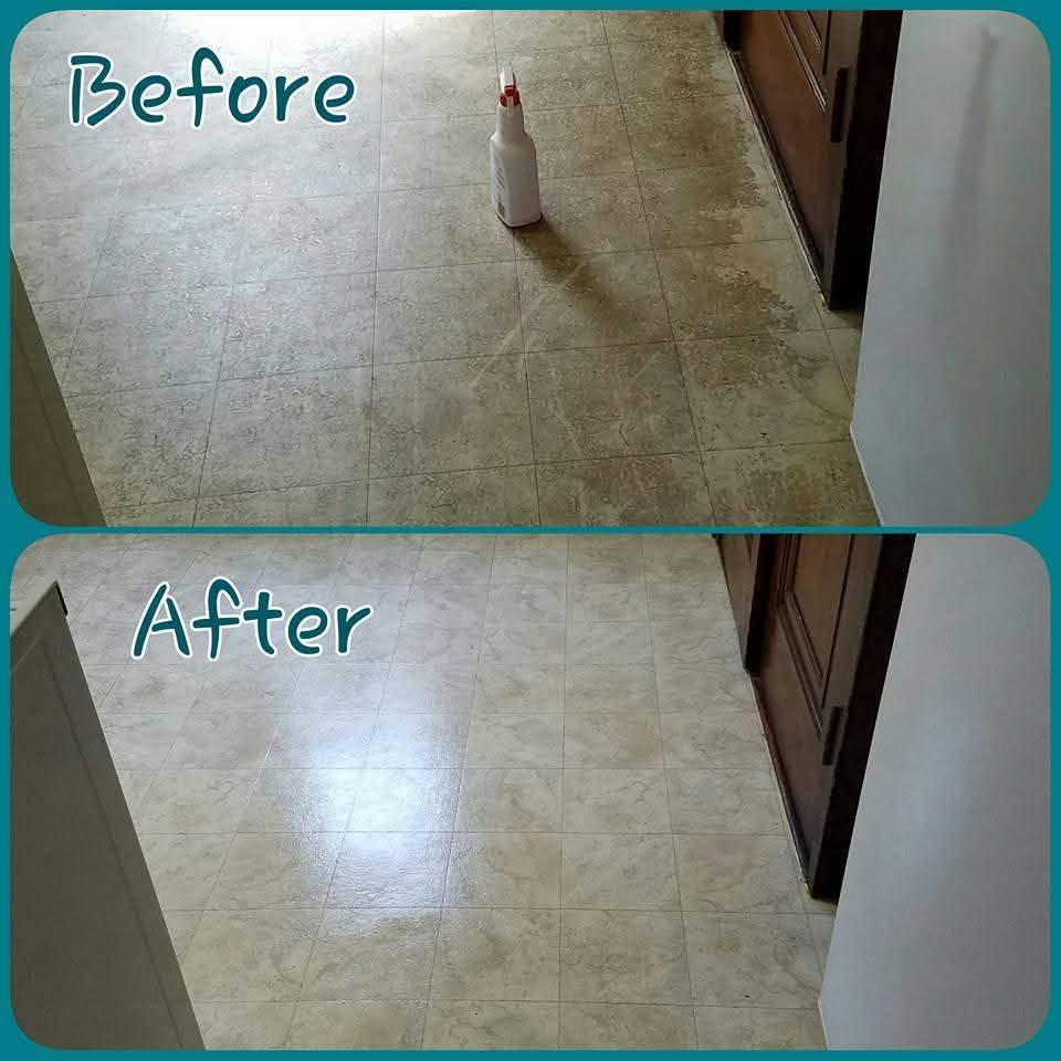 A before and after photo of a tile floor