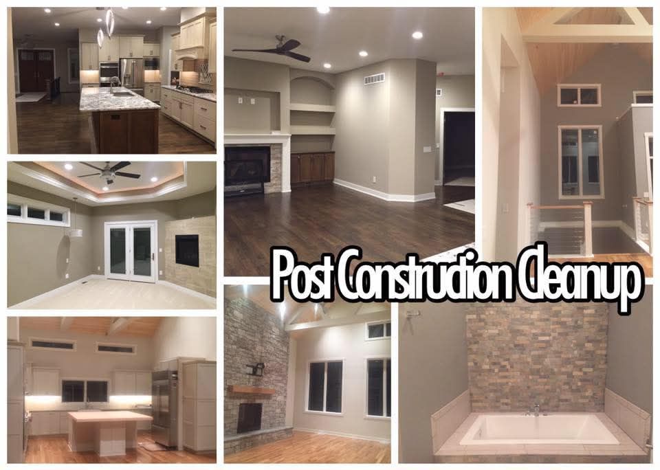 A collage of pictures of a house under construction with the words post construction cleanup
