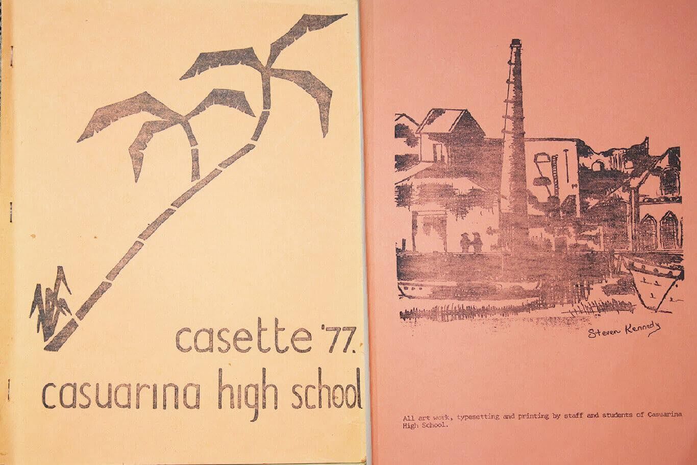 Two yearbook covers. One with palm trees and 