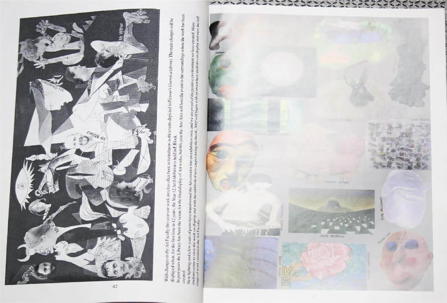 Book spread; grayscale art on left page, color collaged images on the right, overlaid with translucent sheet.