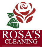 A logo for rosa 's cleaning with a red rose and green leaves