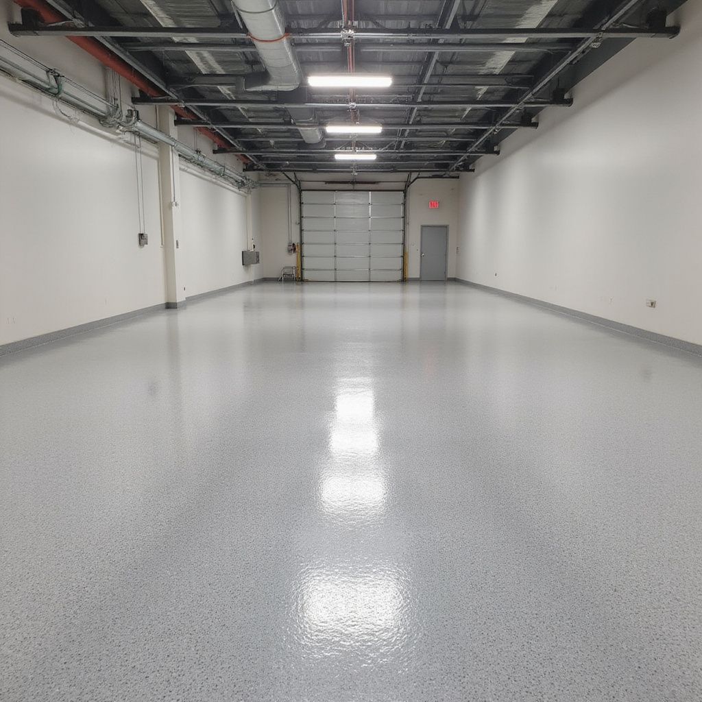 Empty, gray-floored warehouse interior with white walls, overhead lights, and a closed loading dock door.