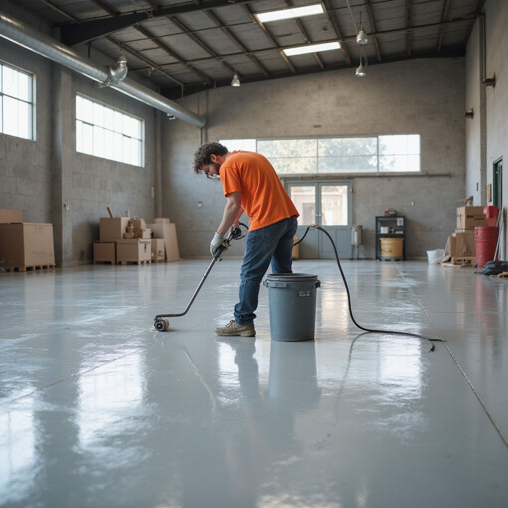 Person applying epoxy floor coating in a large warehouse. Gray floor, orange shirt, bucket, windows.