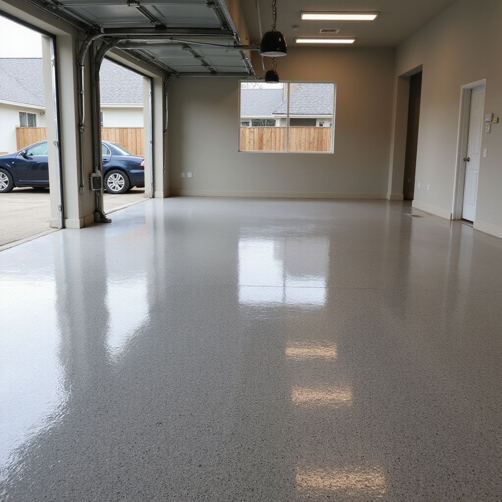 Shiny gray epoxy garage floor with a car visible in the open doorway.