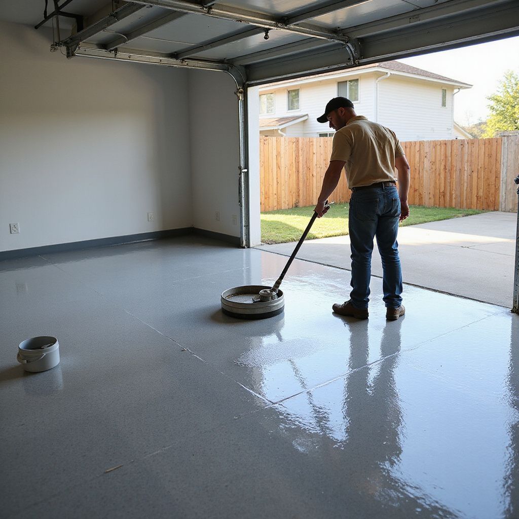 Man applying sealant to a gray garage floor with a floor buffer, open to a backyard.