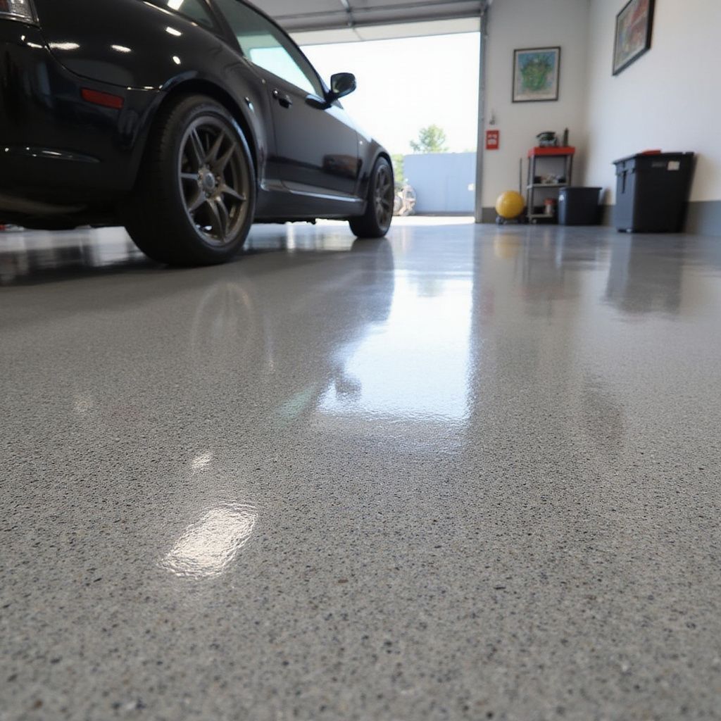 Black car parked in a garage with a glossy, speckled gray floor. Garage door is open.