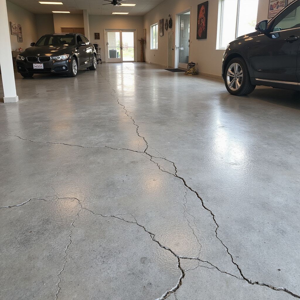 Garage with cracked, shiny concrete floor, two cars parked, and open doors.