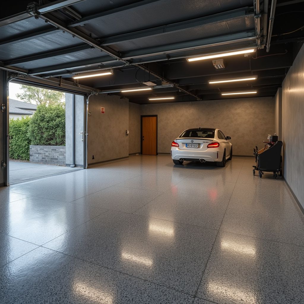 Spacious garage with a white car parked inside, open door, and polished gray floor.
