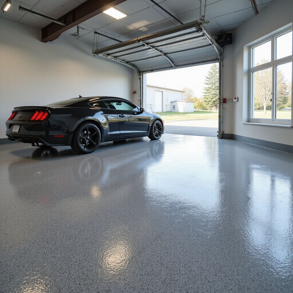 Black car in a garage with a glossy, speckled gray floor; open garage door; window.