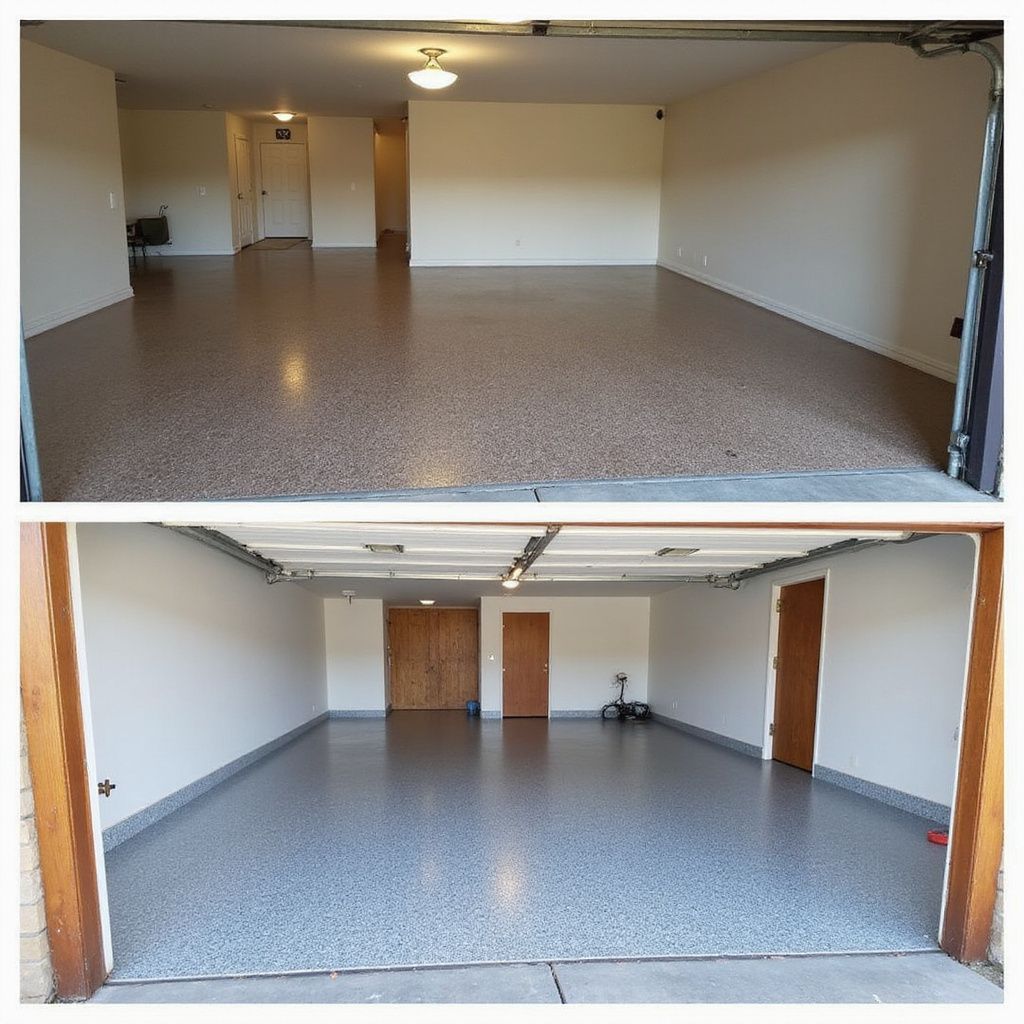 Two garage views: top with tan speckled floor, bottom with gray speckled floor; both with white walls and open doors.