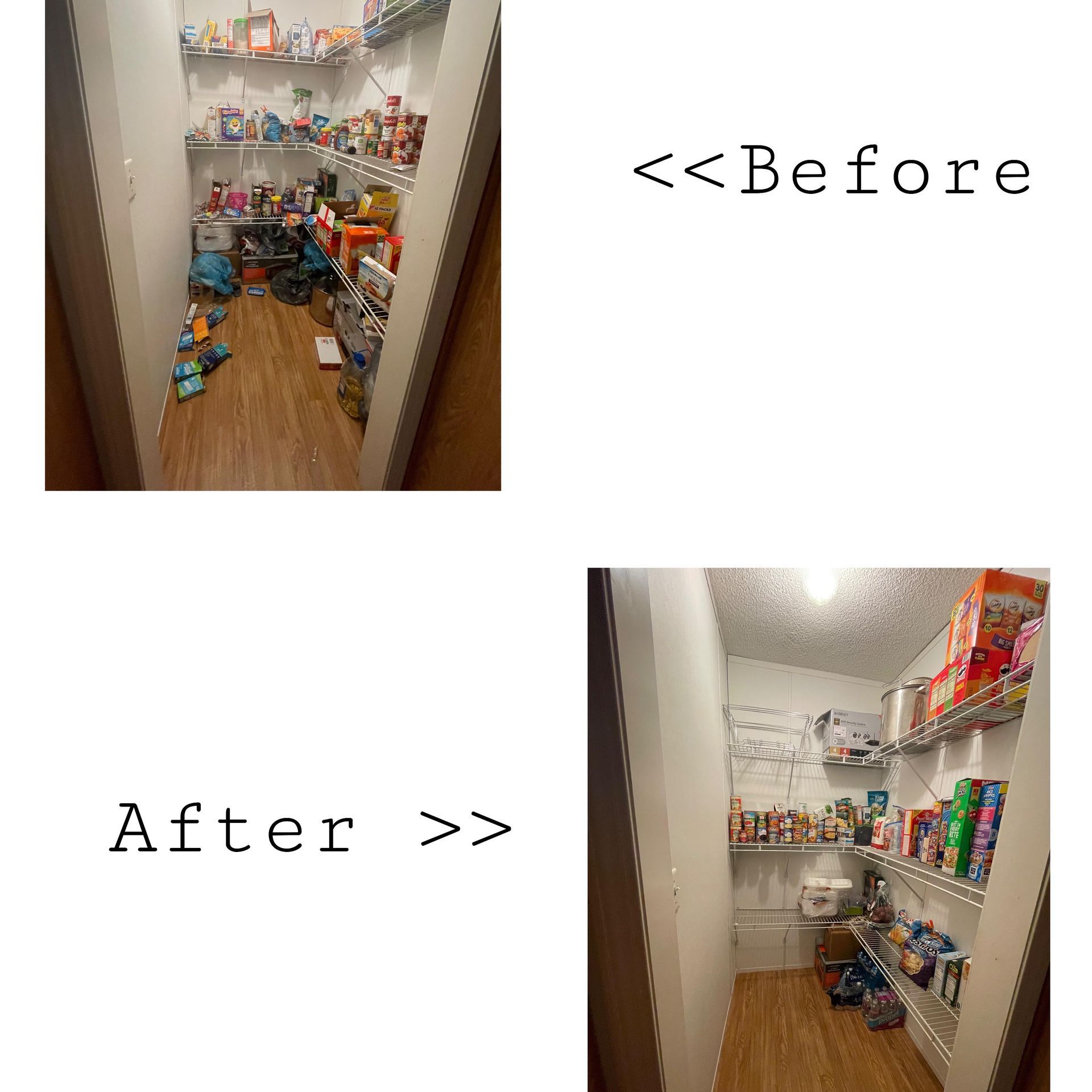 A before and after picture of a pantry filled with food.