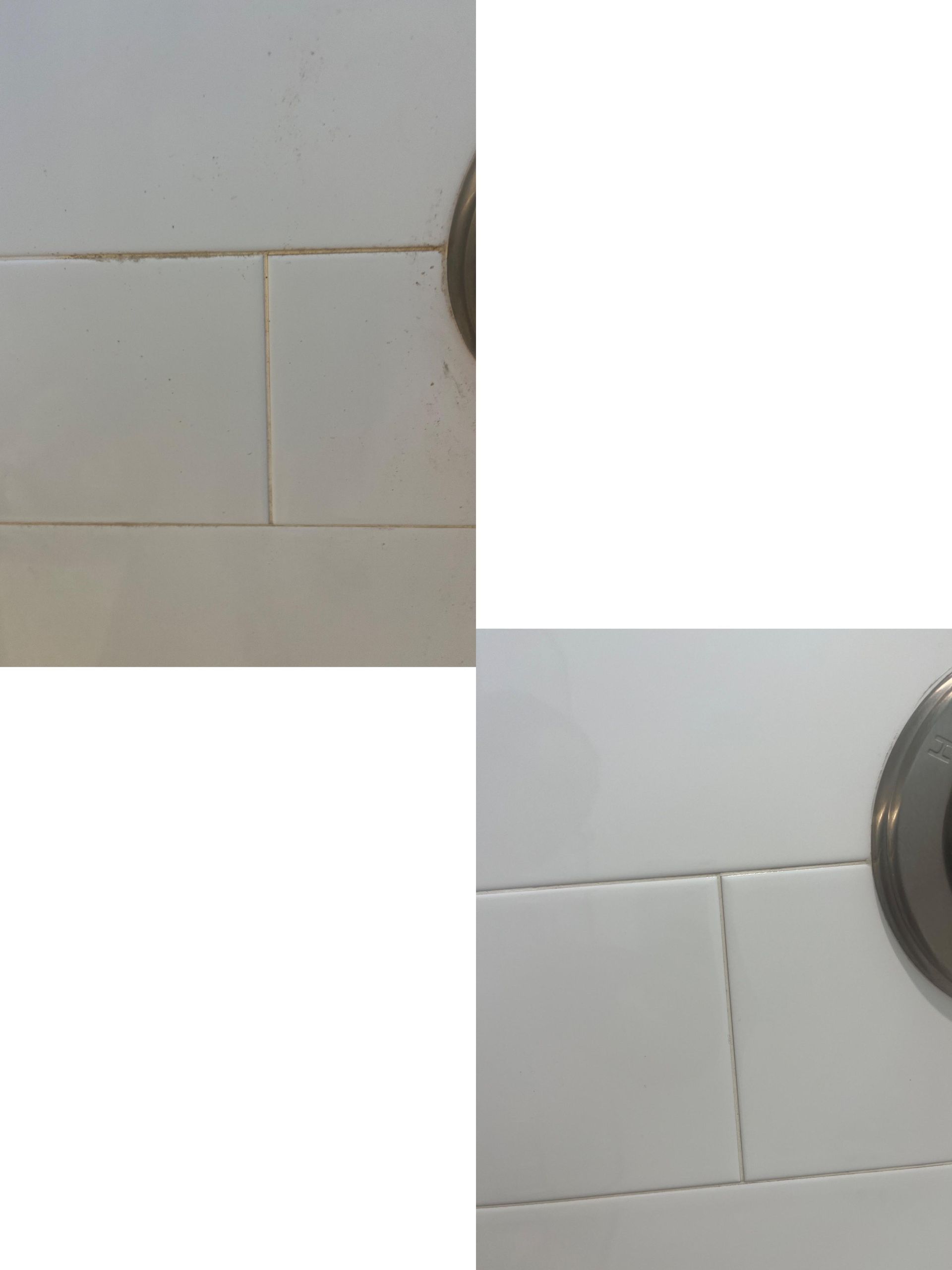 A collage of four pictures of a white tile wall.