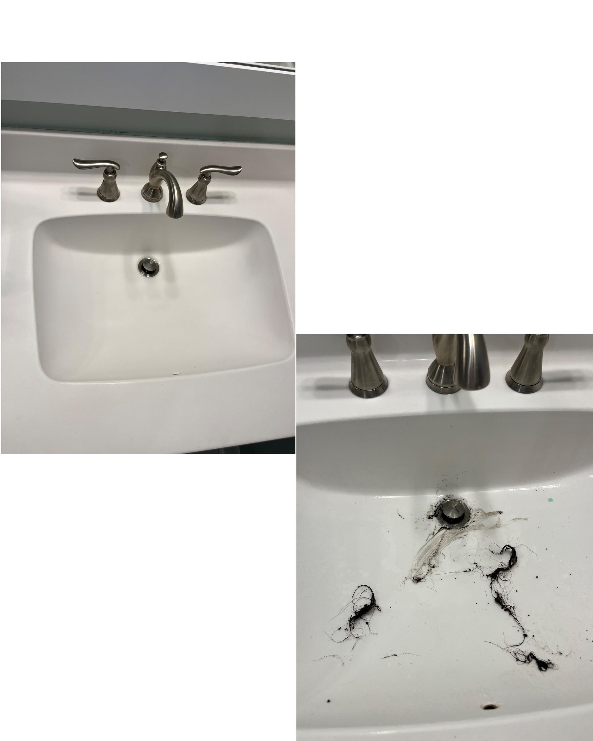 Two pictures of a bathroom sink before and after being cleaned
