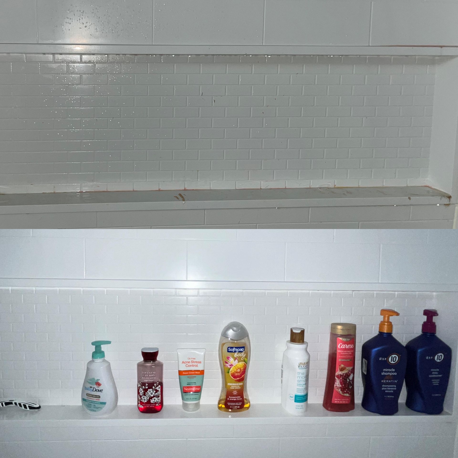 Several bottles of shampoo are lined up on a bathroom shelf