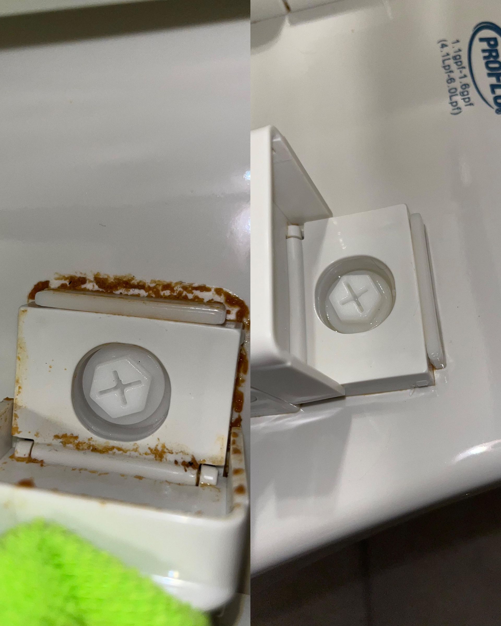 A toilet before and after being cleaned with a green cloth