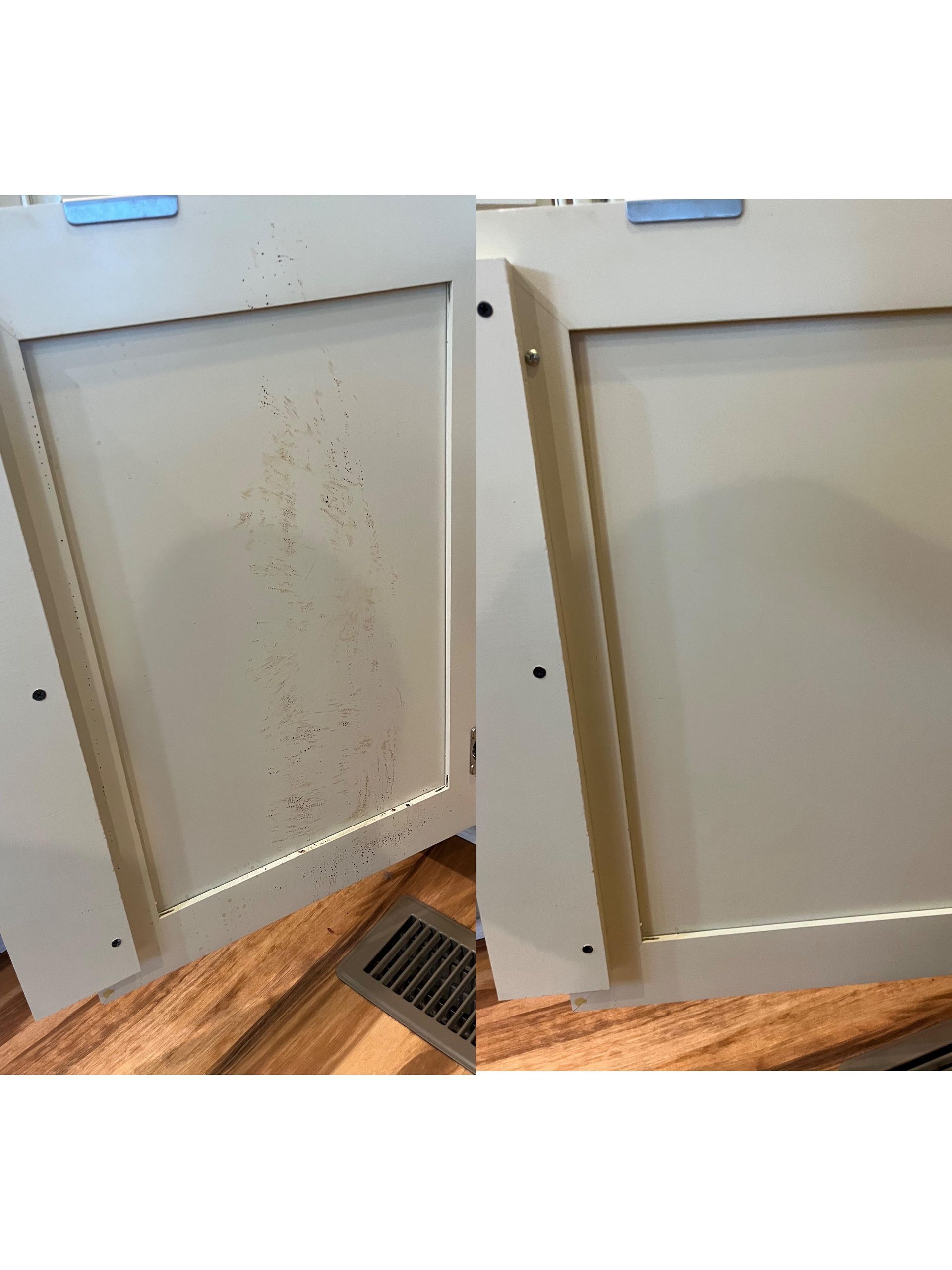 A before and after picture of a kitchen cabinet door.
