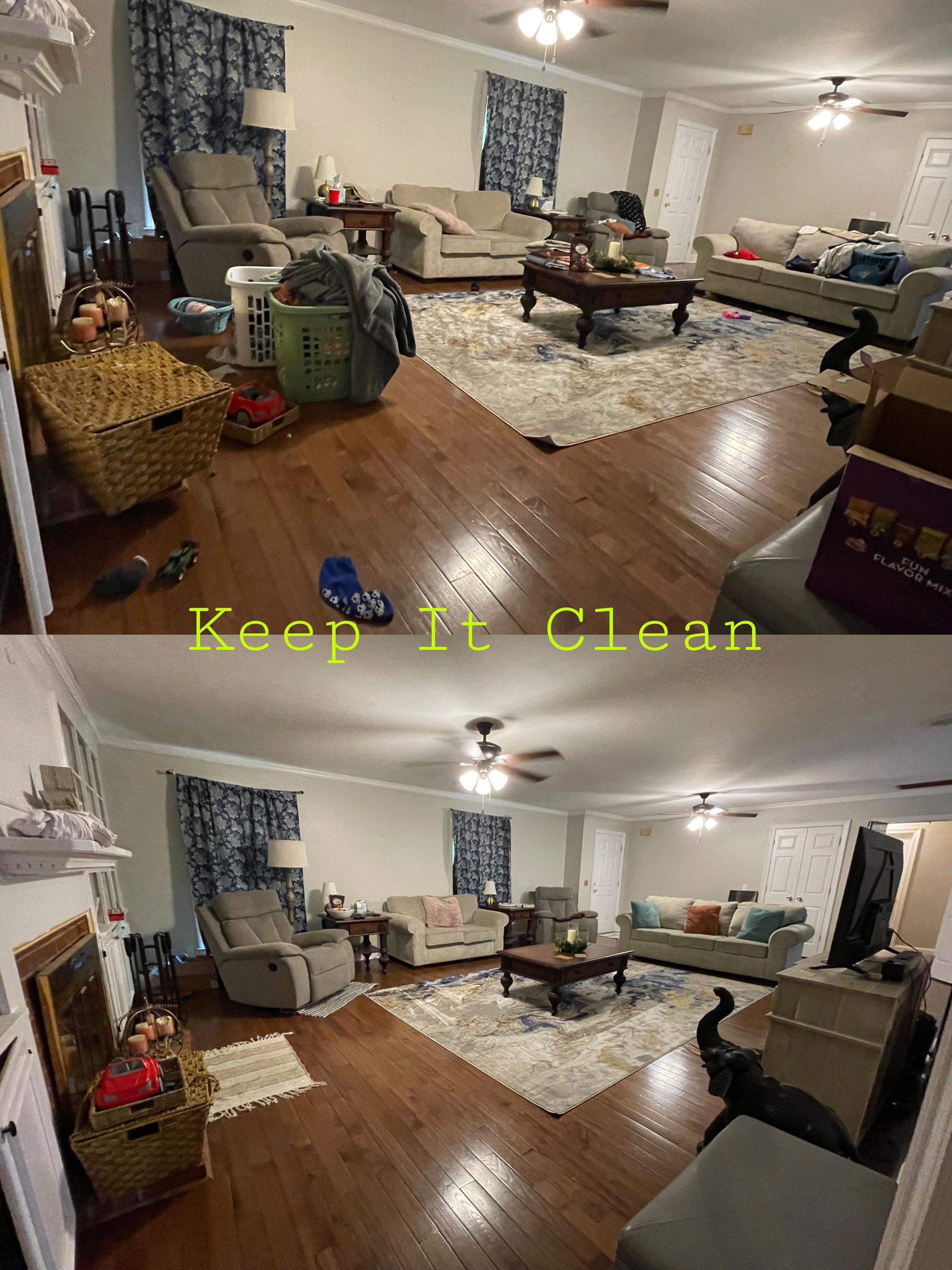 A before and after photo of a living room filled with furniture.