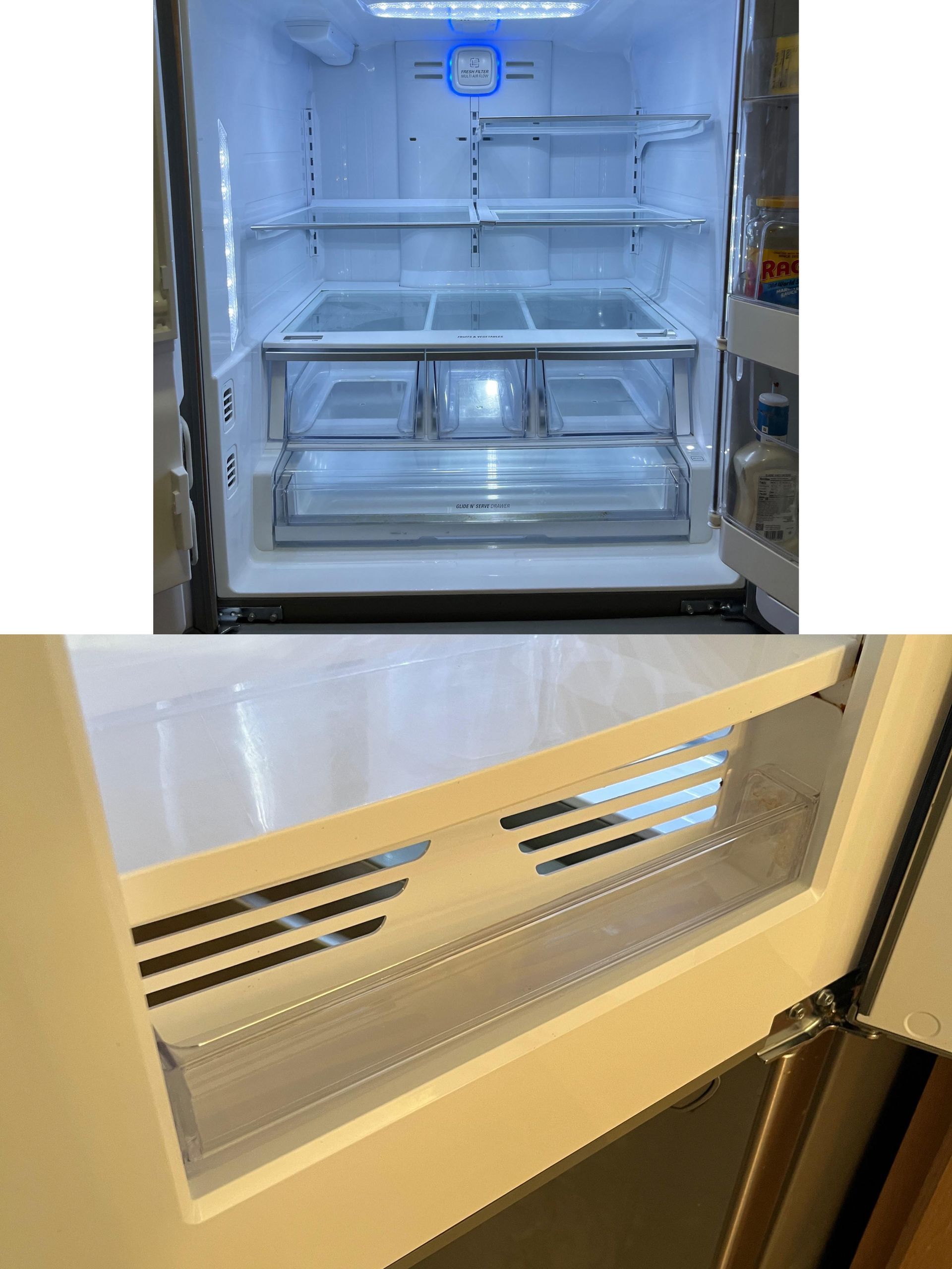 A picture of the inside of a refrigerator and a picture of the door.