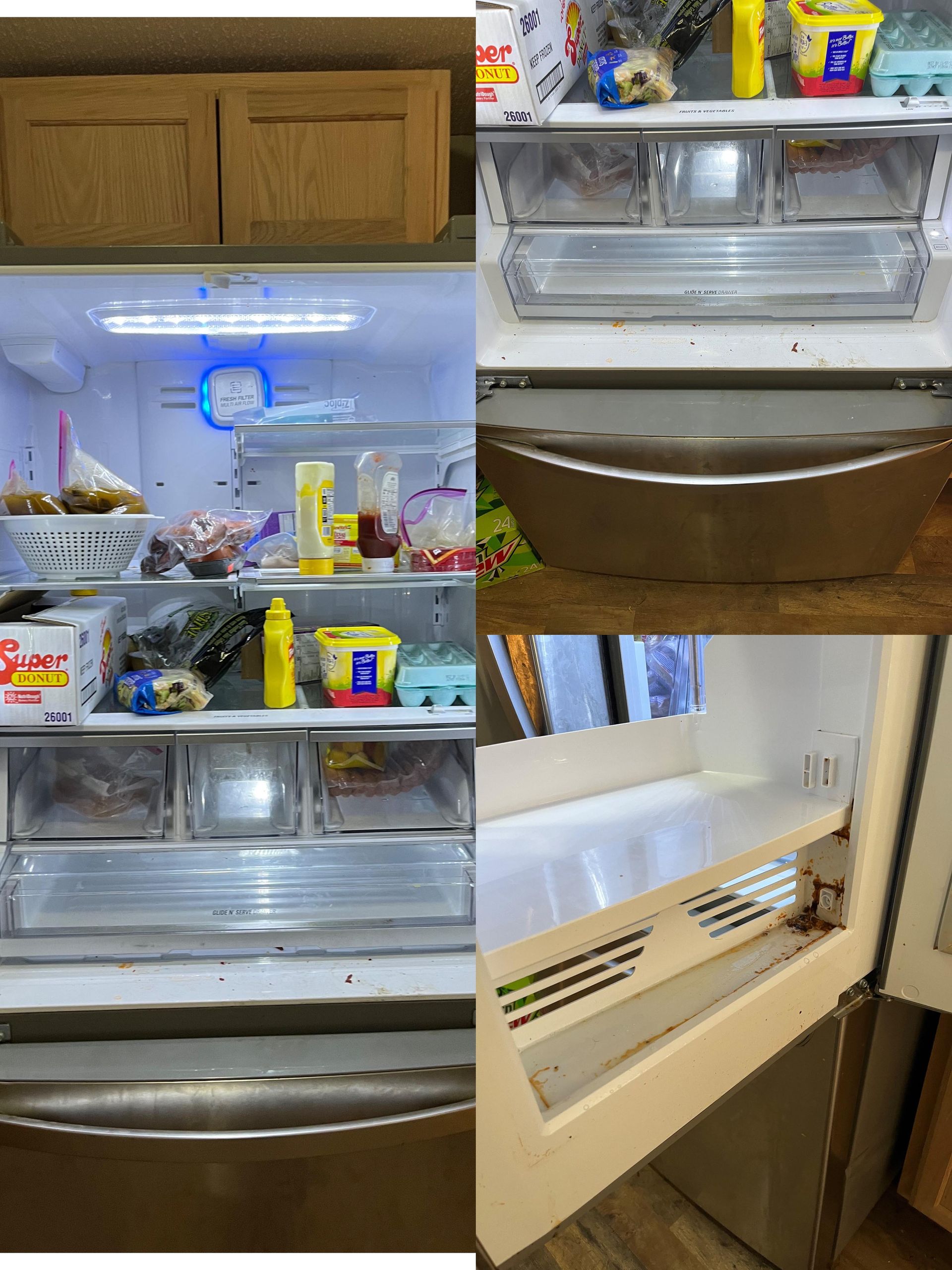A collage of four pictures of a refrigerator before and after being cleaned
