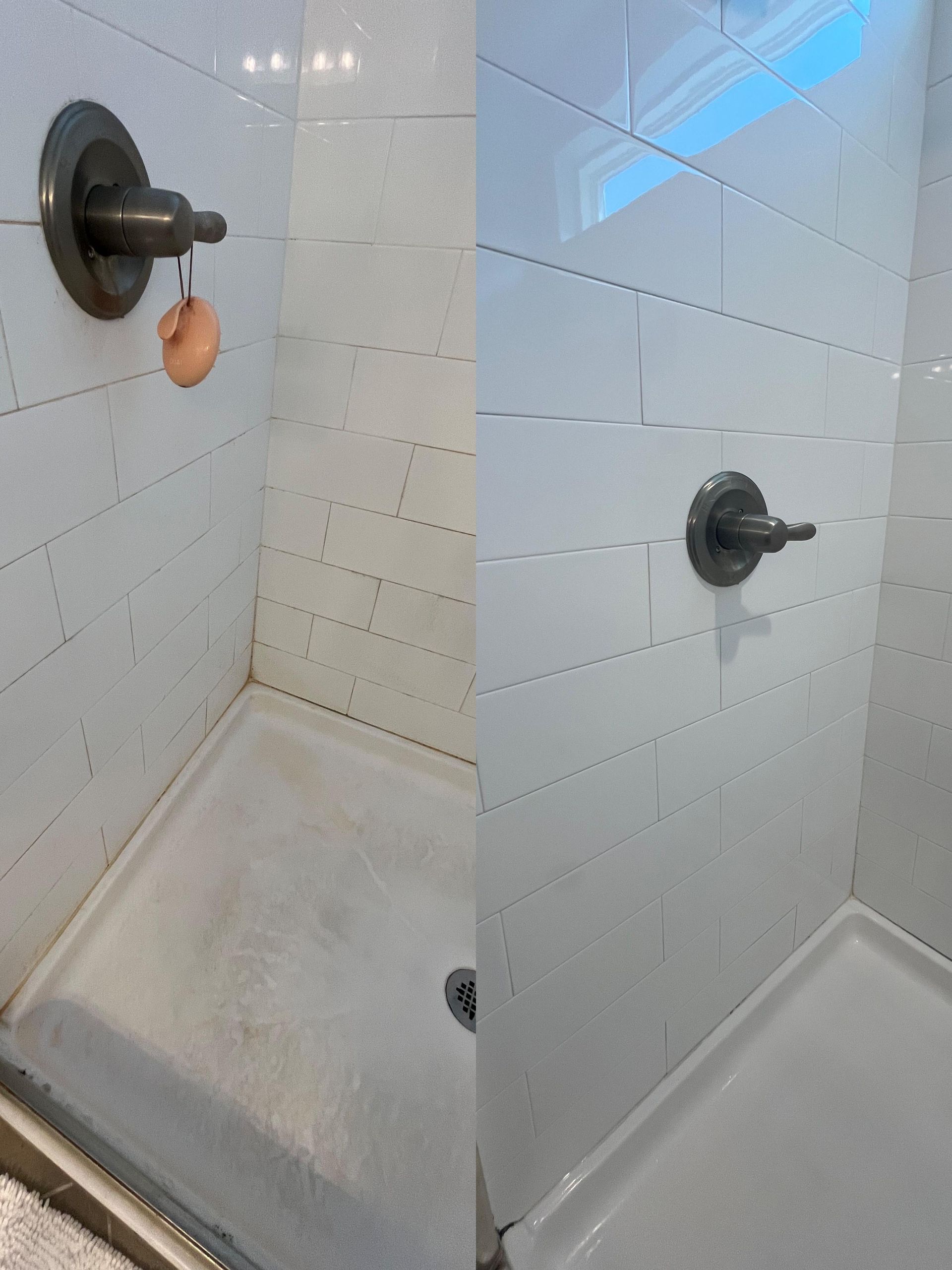 A before and after picture of a shower stall in a bathroom.