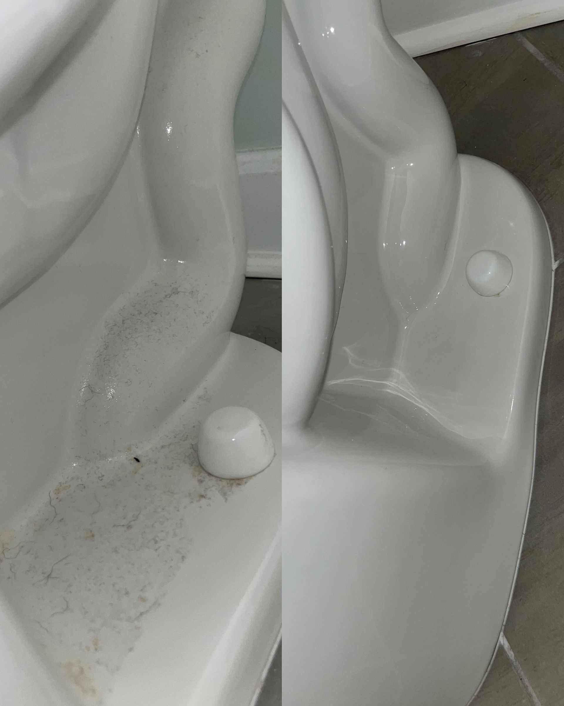 Two pictures of a toilet before and after being cleaned