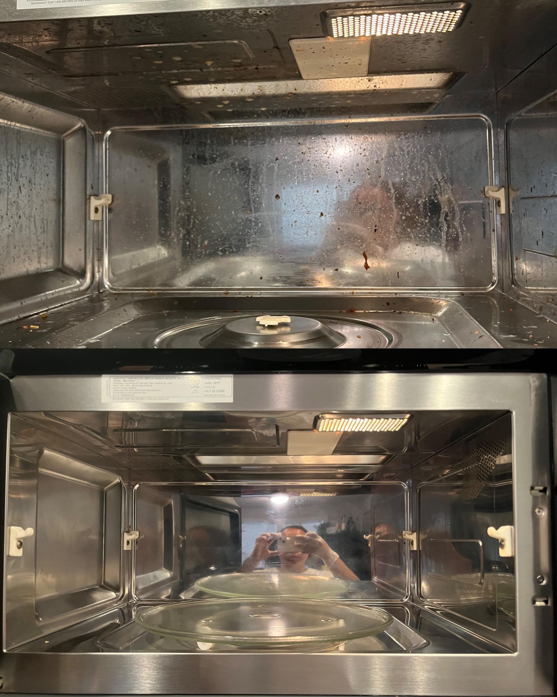 The inside of a microwave oven is shown before and after being cleaned.