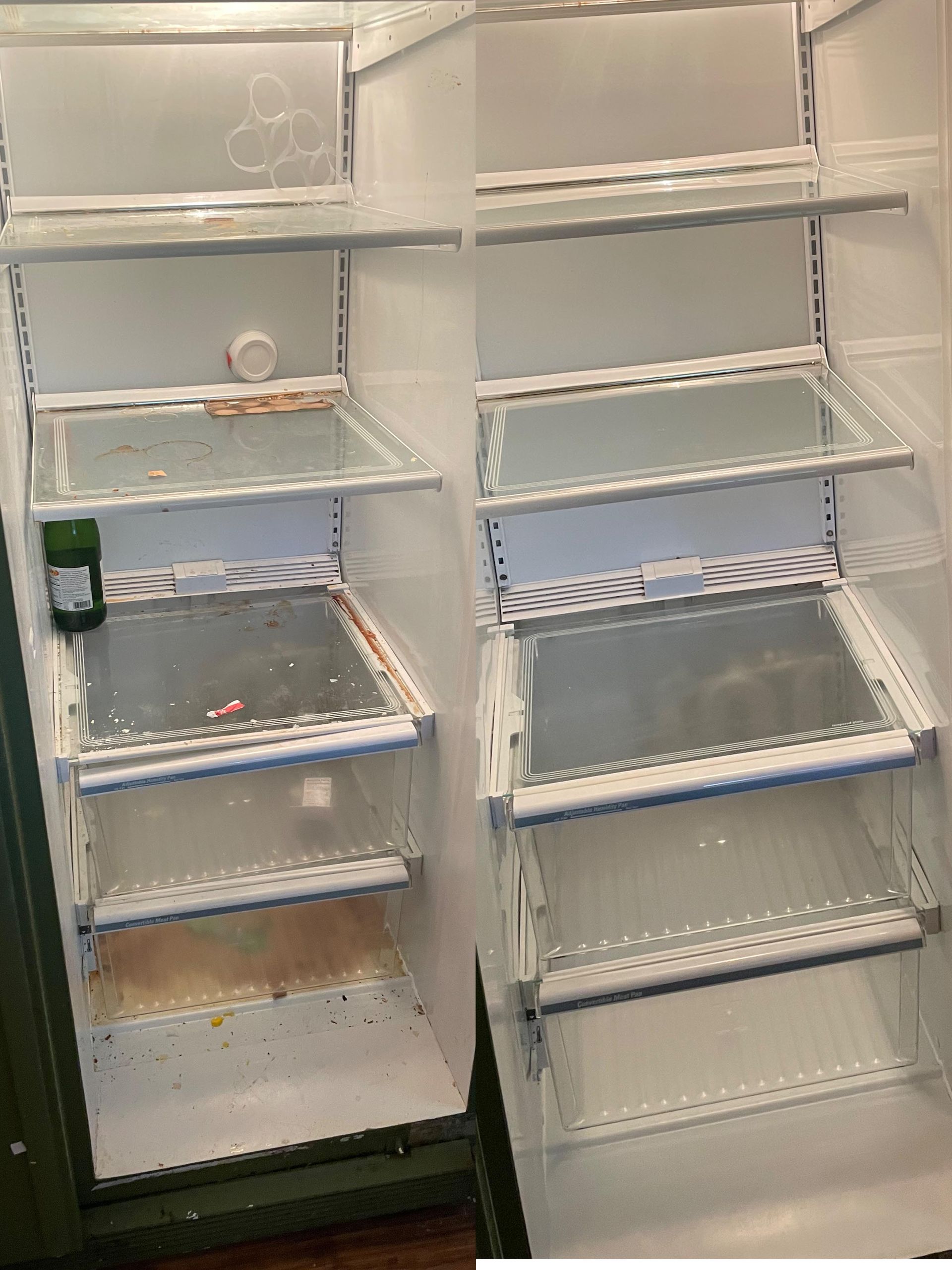 A before and after picture of an empty refrigerator.