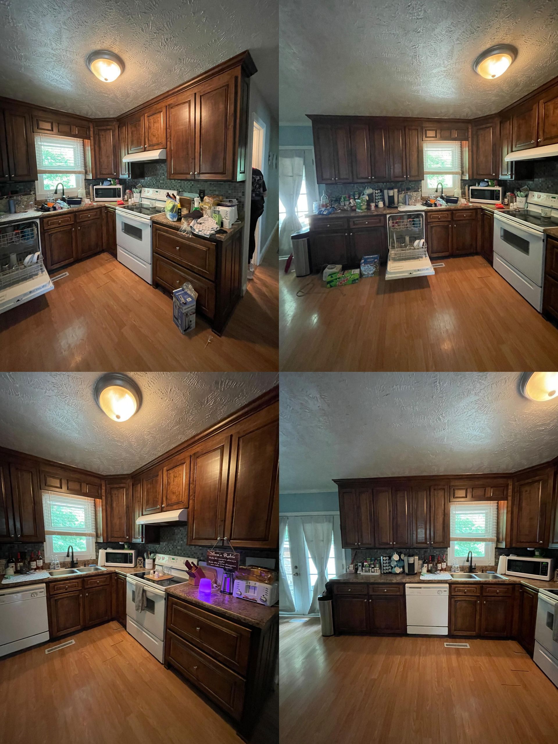 A collage of four pictures of a kitchen with wooden cabinets and stainless steel appliances.