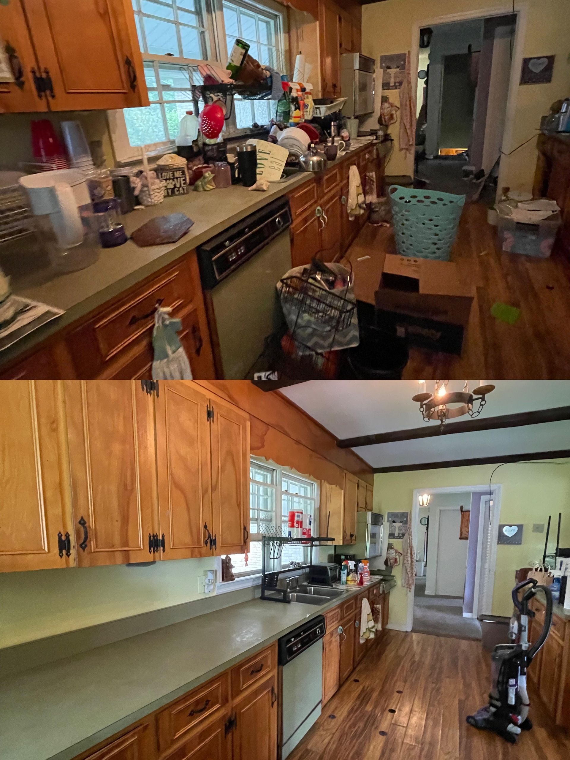 A before and after photo of a kitchen with wooden cabinets