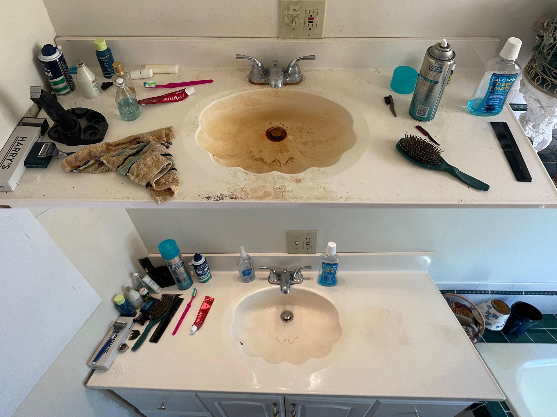 A before and after photo of a bathroom sink.