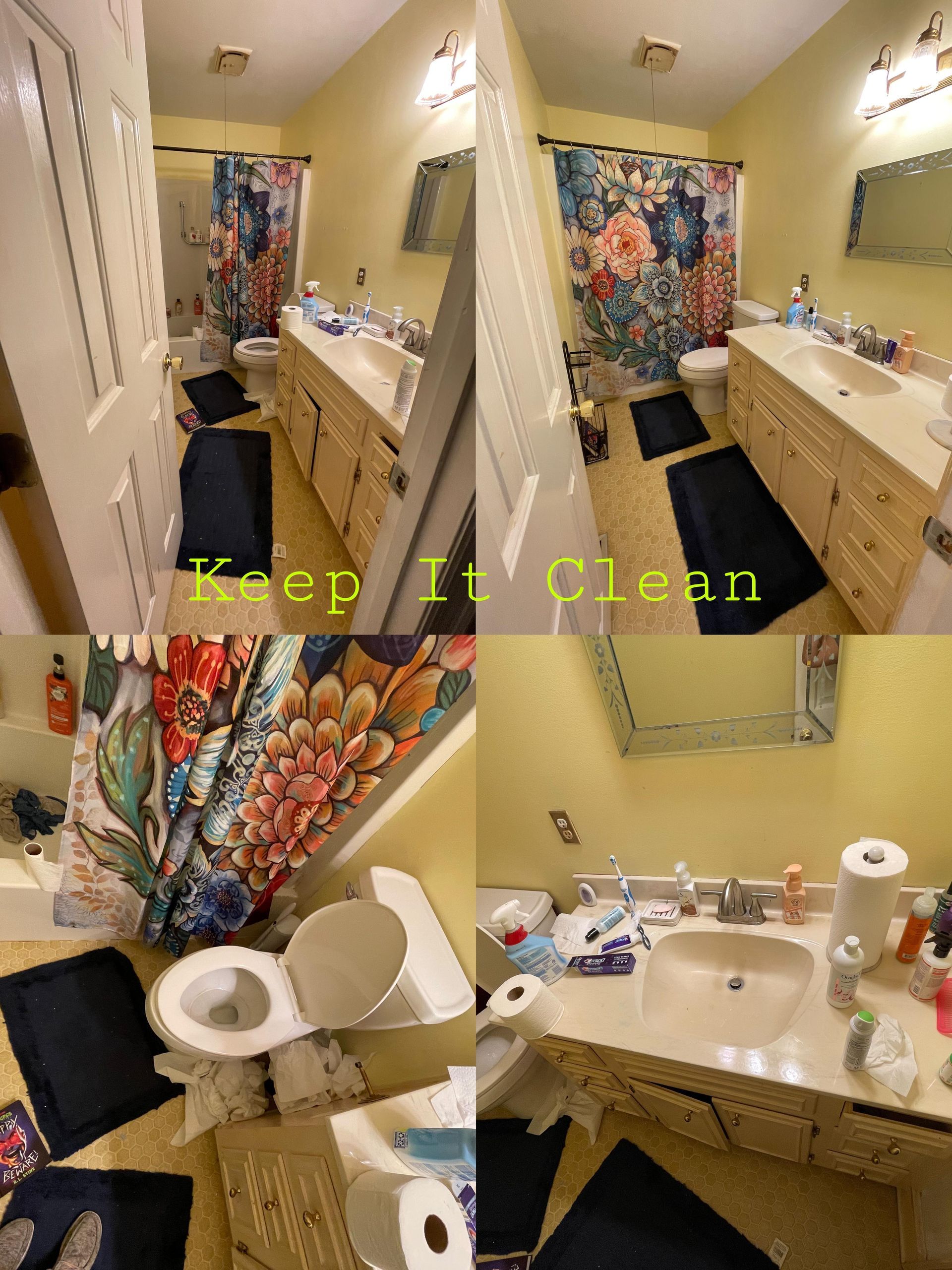 A bathroom with a toilet , sink , and shower curtain.