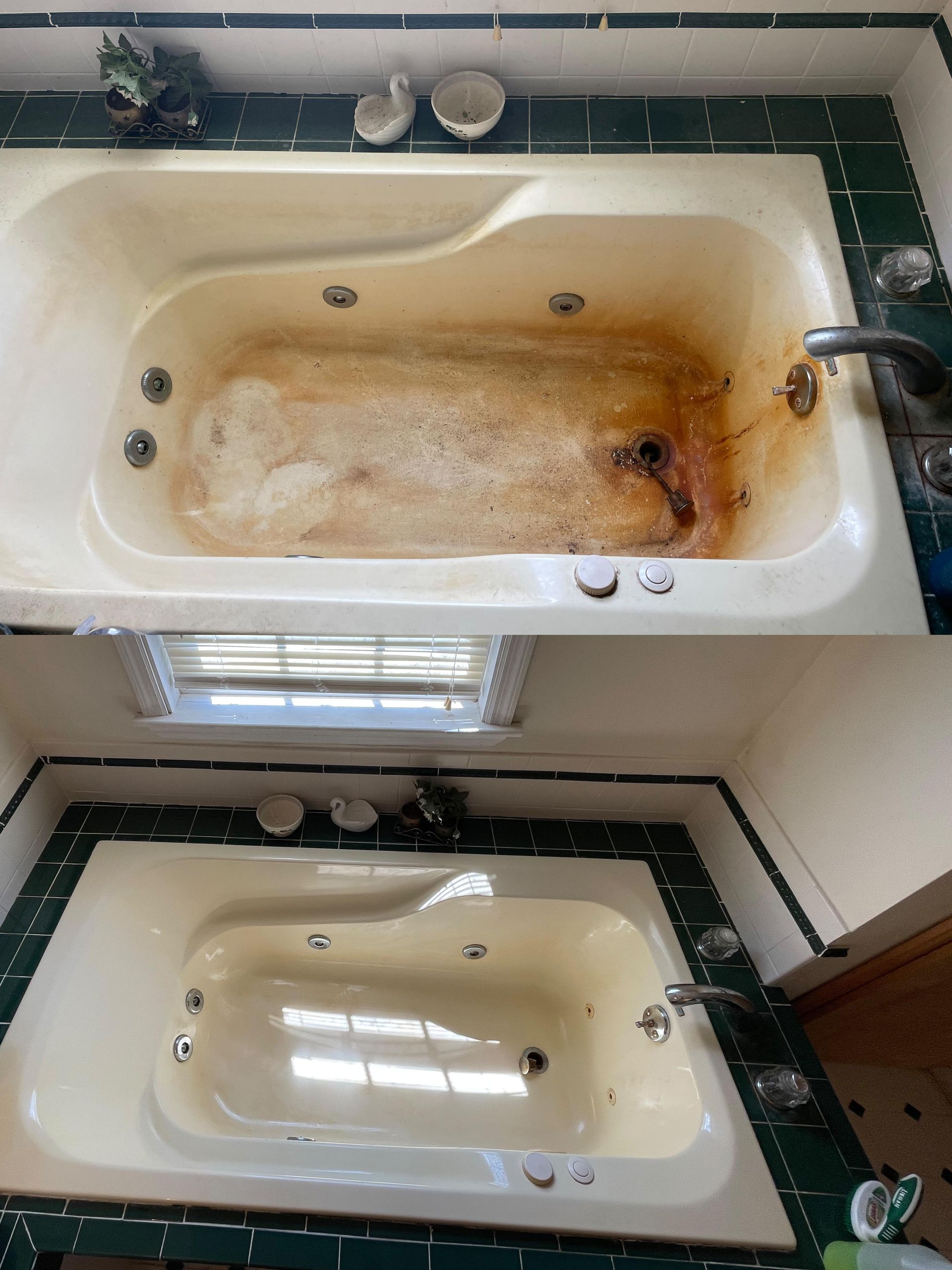 A before and after photo of a bathtub in a bathroom.